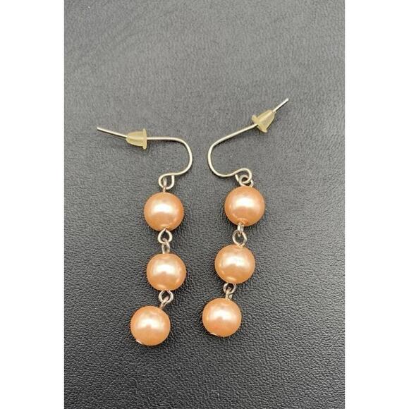Dainty Light Peach Colored Faux Pearl Dangle Earrings - Picture 2 of 3